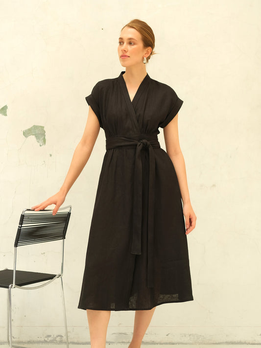 Linen Wrap Midi Dress, Black