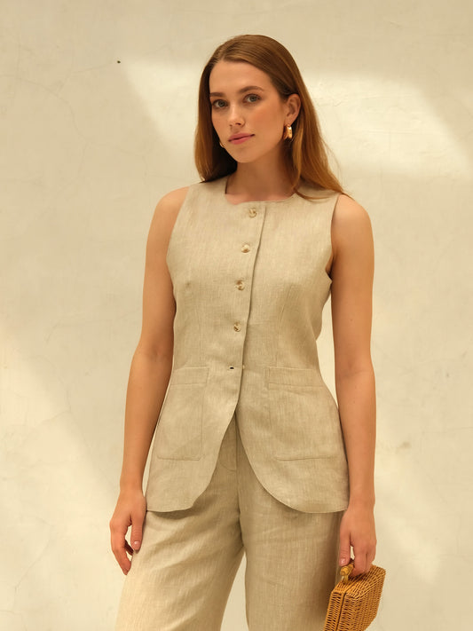 Linen Waistcoat, Natural Beige