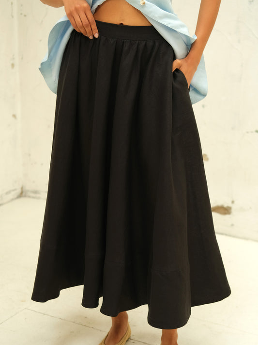 Linen Maxi Skirt, Black