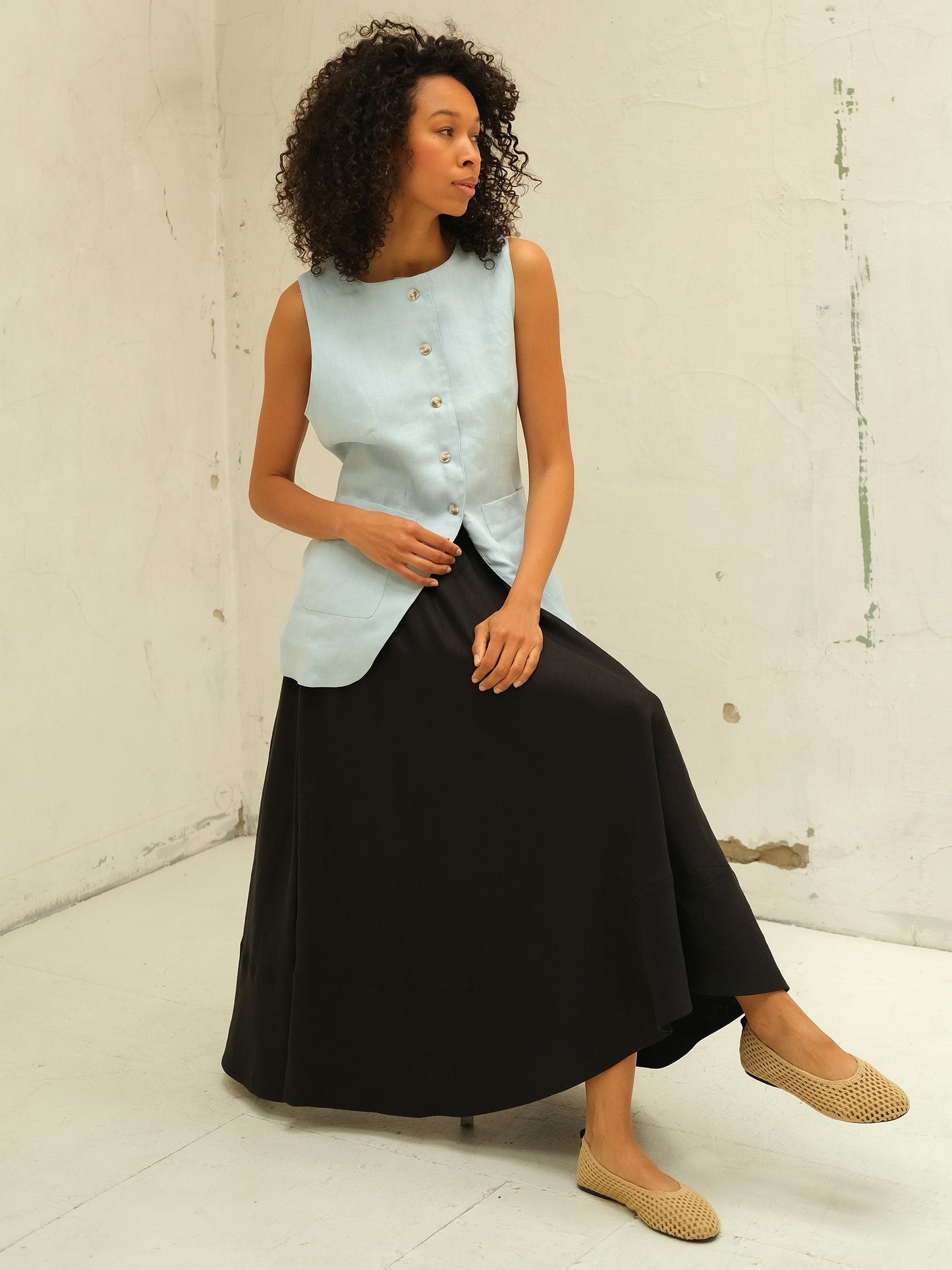 Linen Maxi Skirt, Black