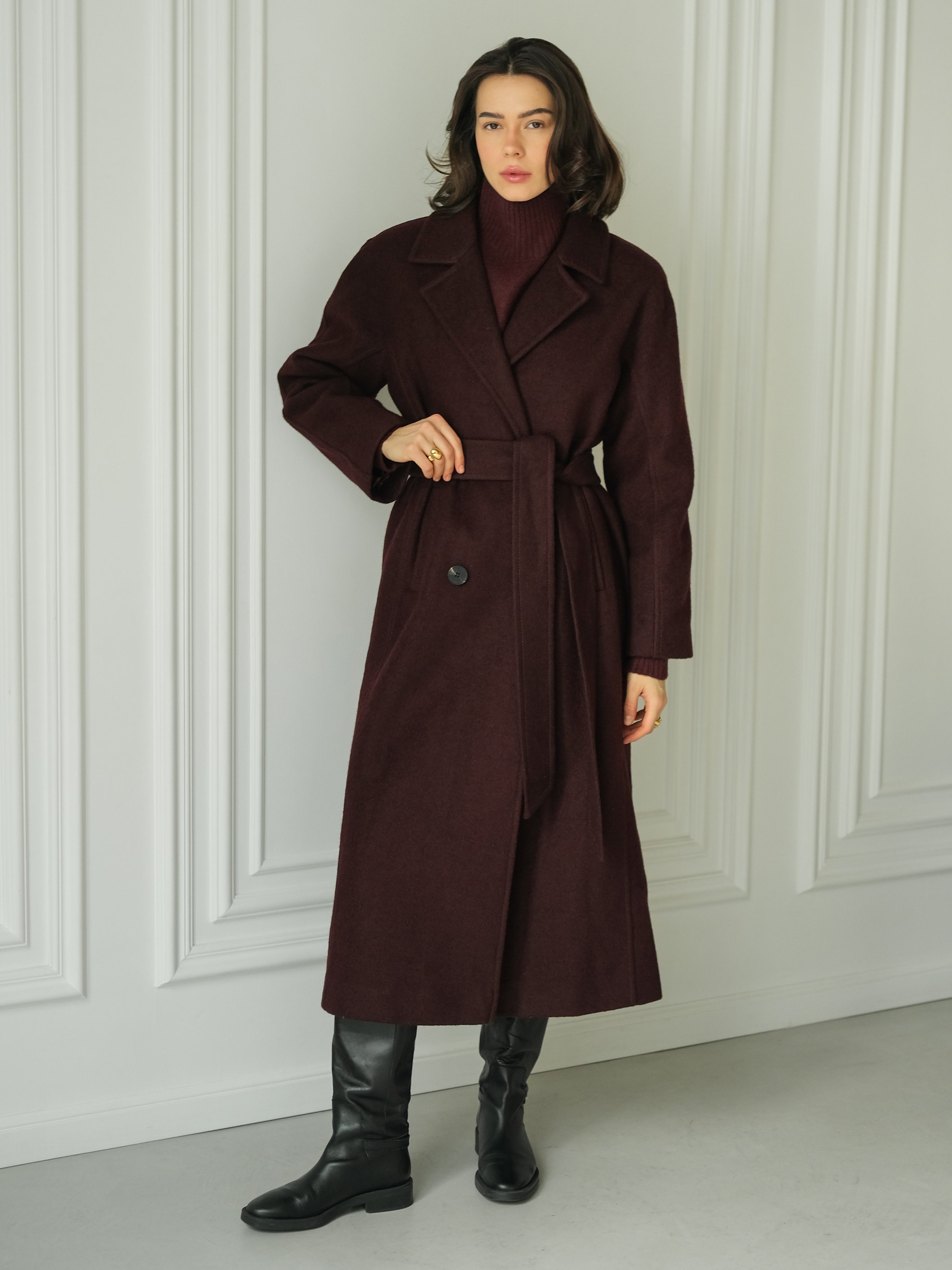 Women’s Burgundy Long Coat with Buttons. Demi-season overcoat M / Demi-season