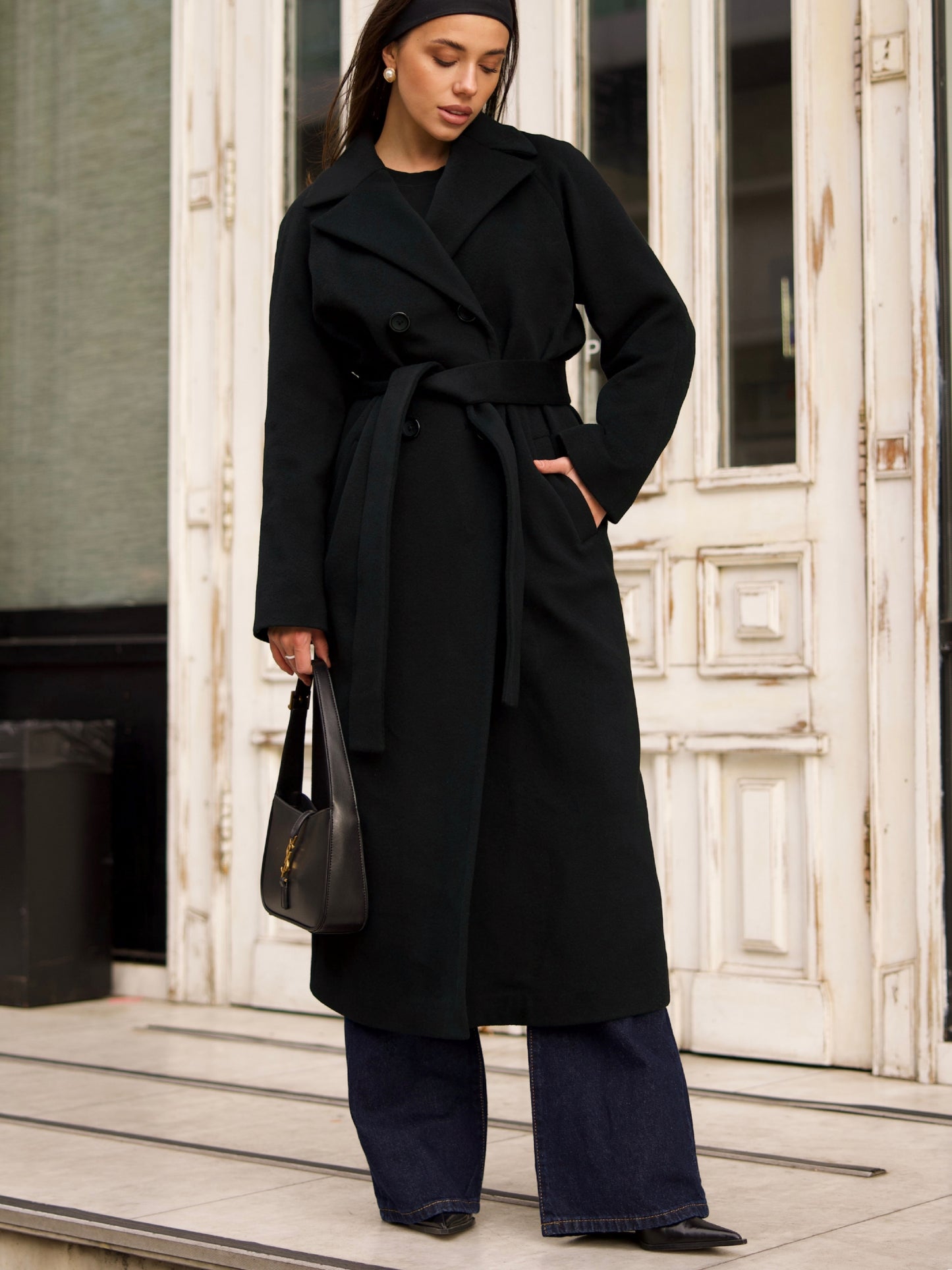 Black Wool Maxi Coat with Belt