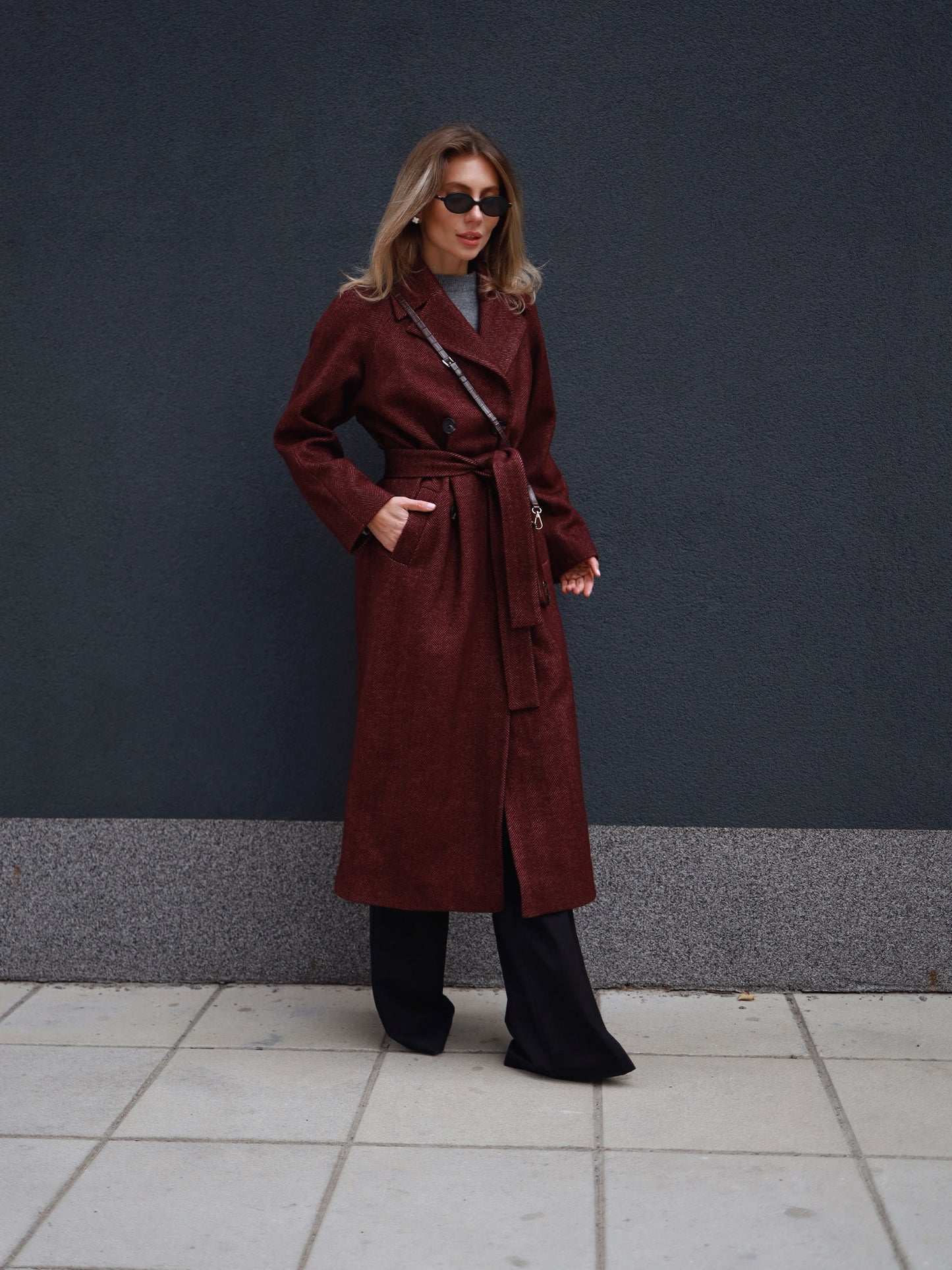 Burgundy Herringbone Raglan Wool Coat