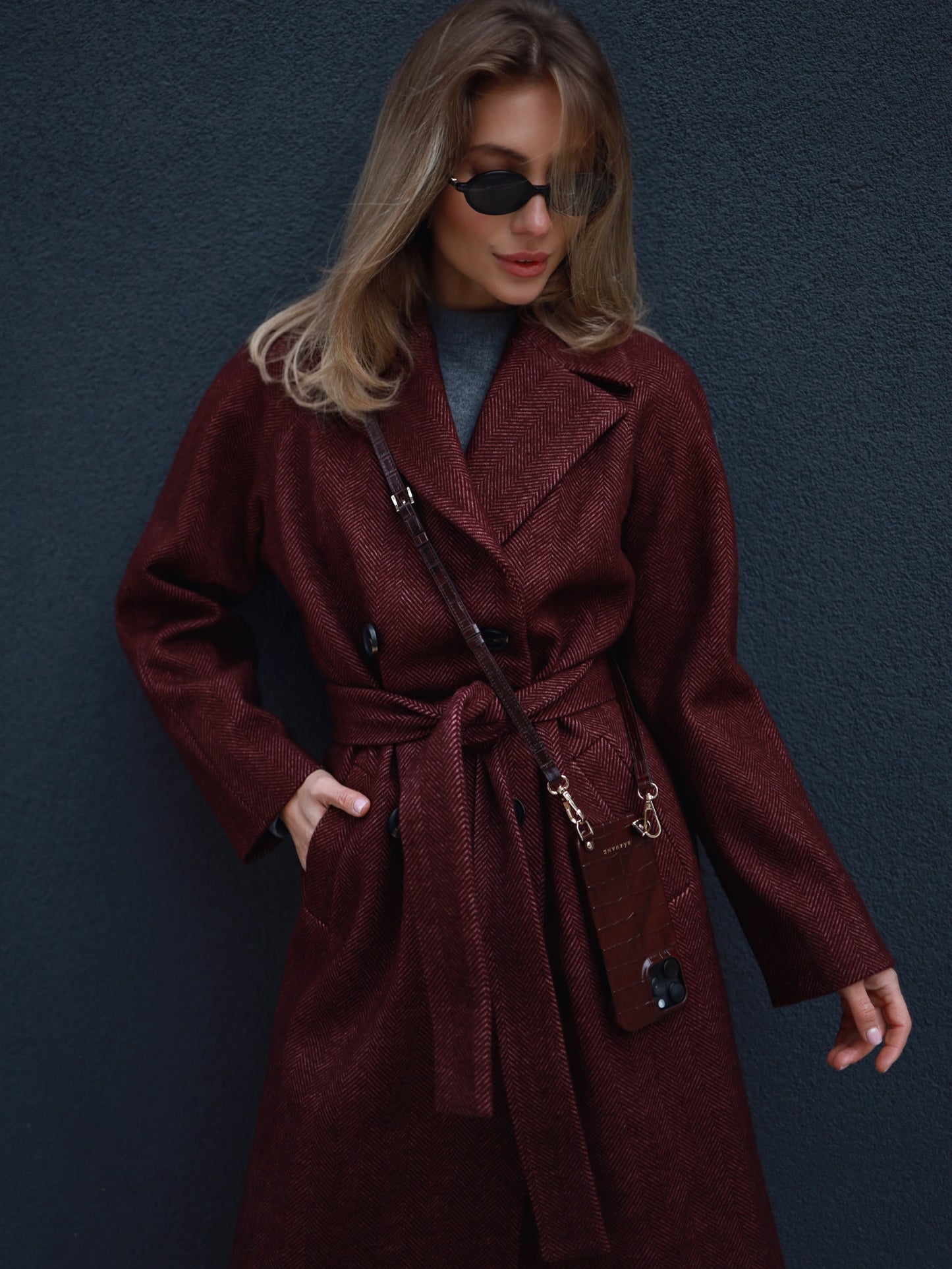 Burgundy Herringbone Raglan Wool Coat