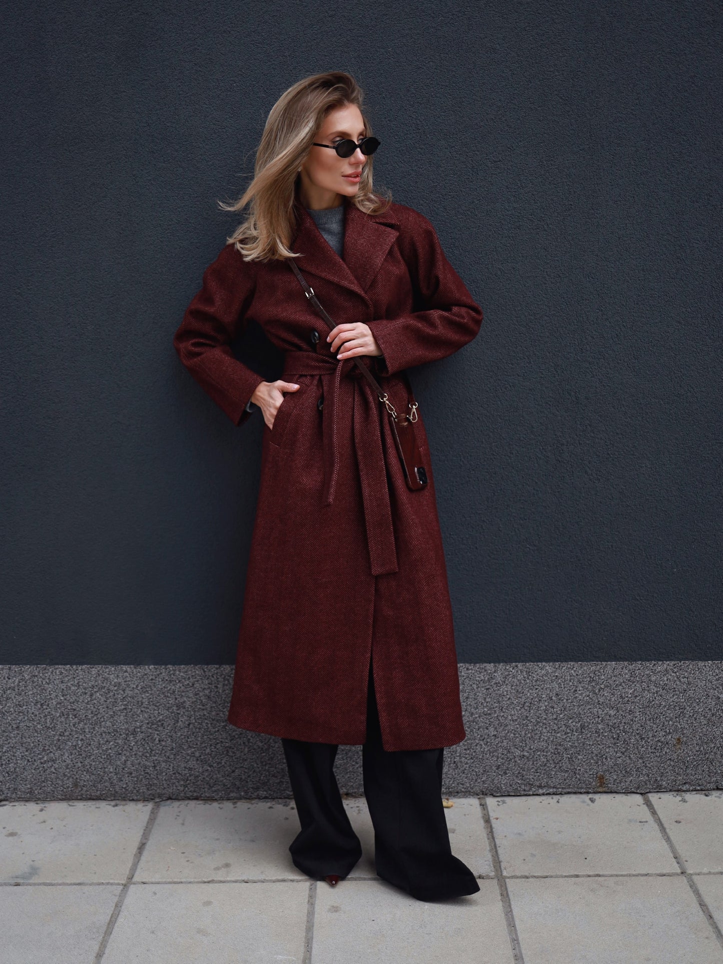 Burgundy Herringbone Raglan Wool Coat