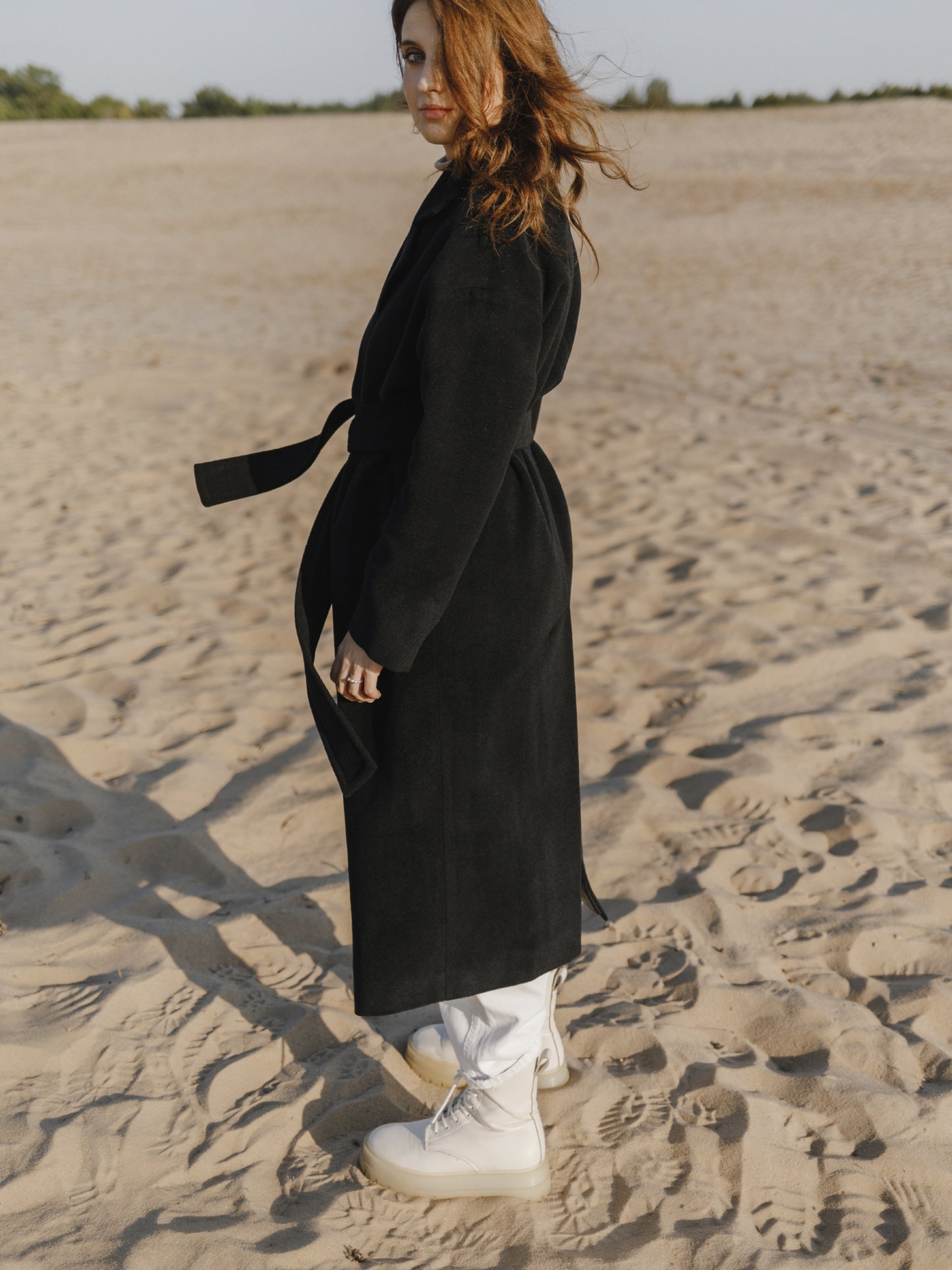 Black Flared Wool Coat with belt