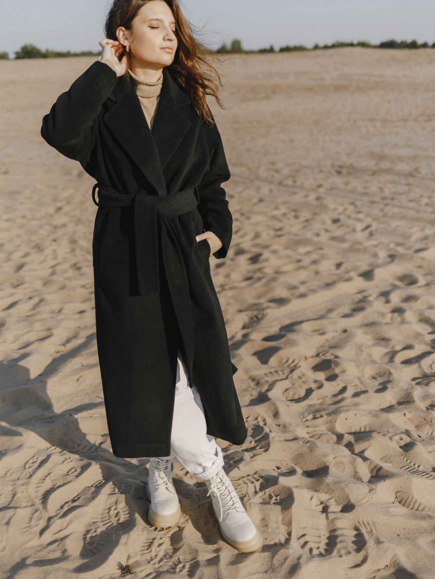 Black Flared Wool Coat with belt