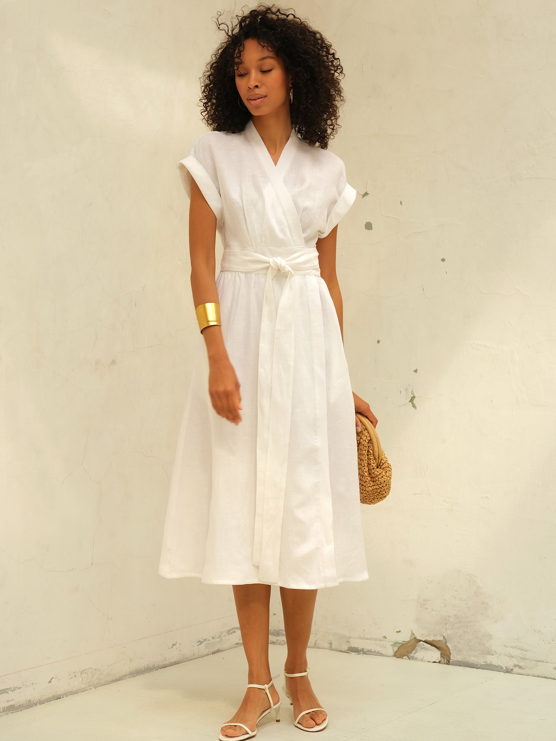 White Linen Wrap Midi Dress for Women – Effortless Elegance