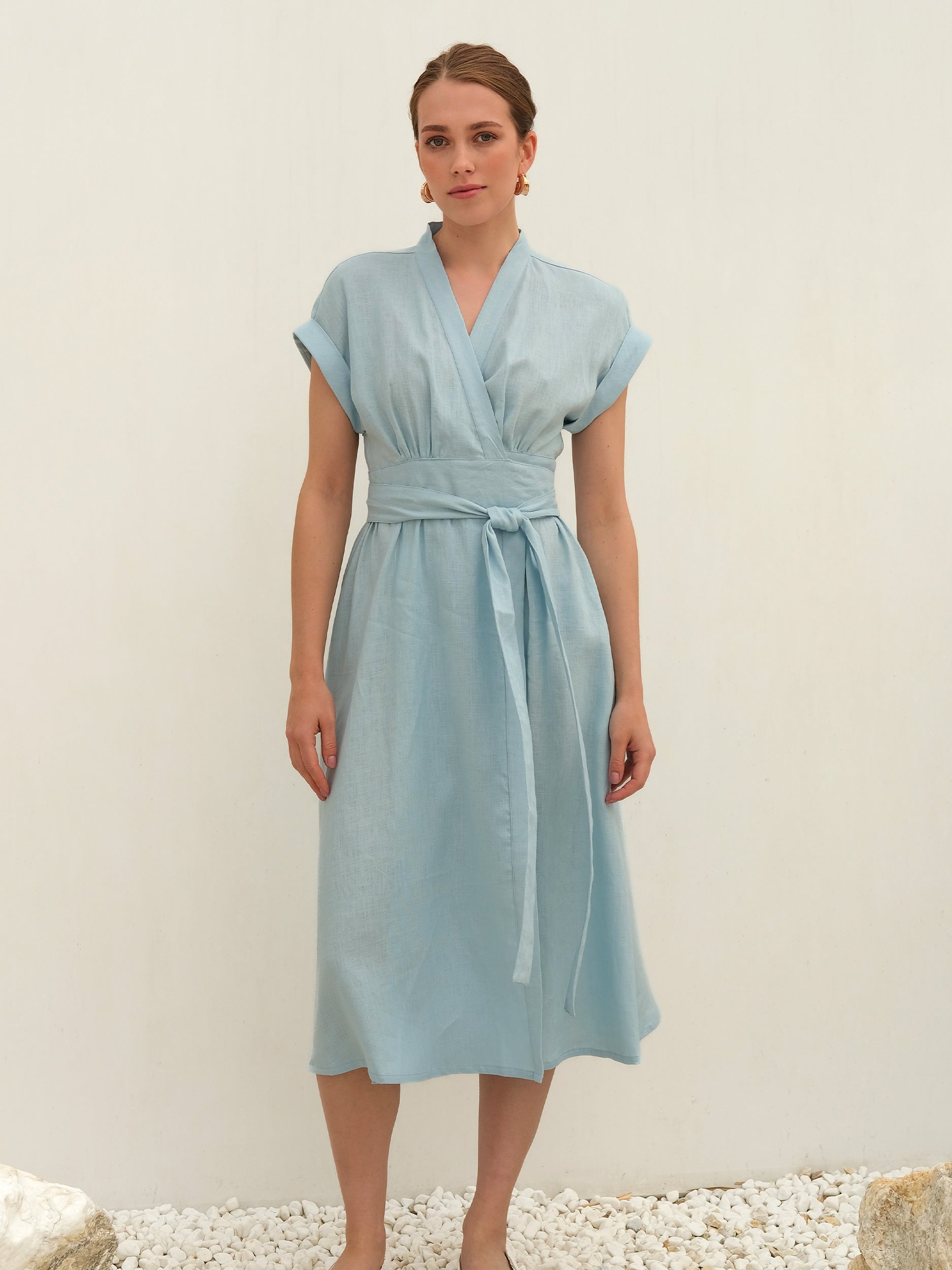 Light Blue Linen Wrap Midi Dress – Soft, Natural Elegance