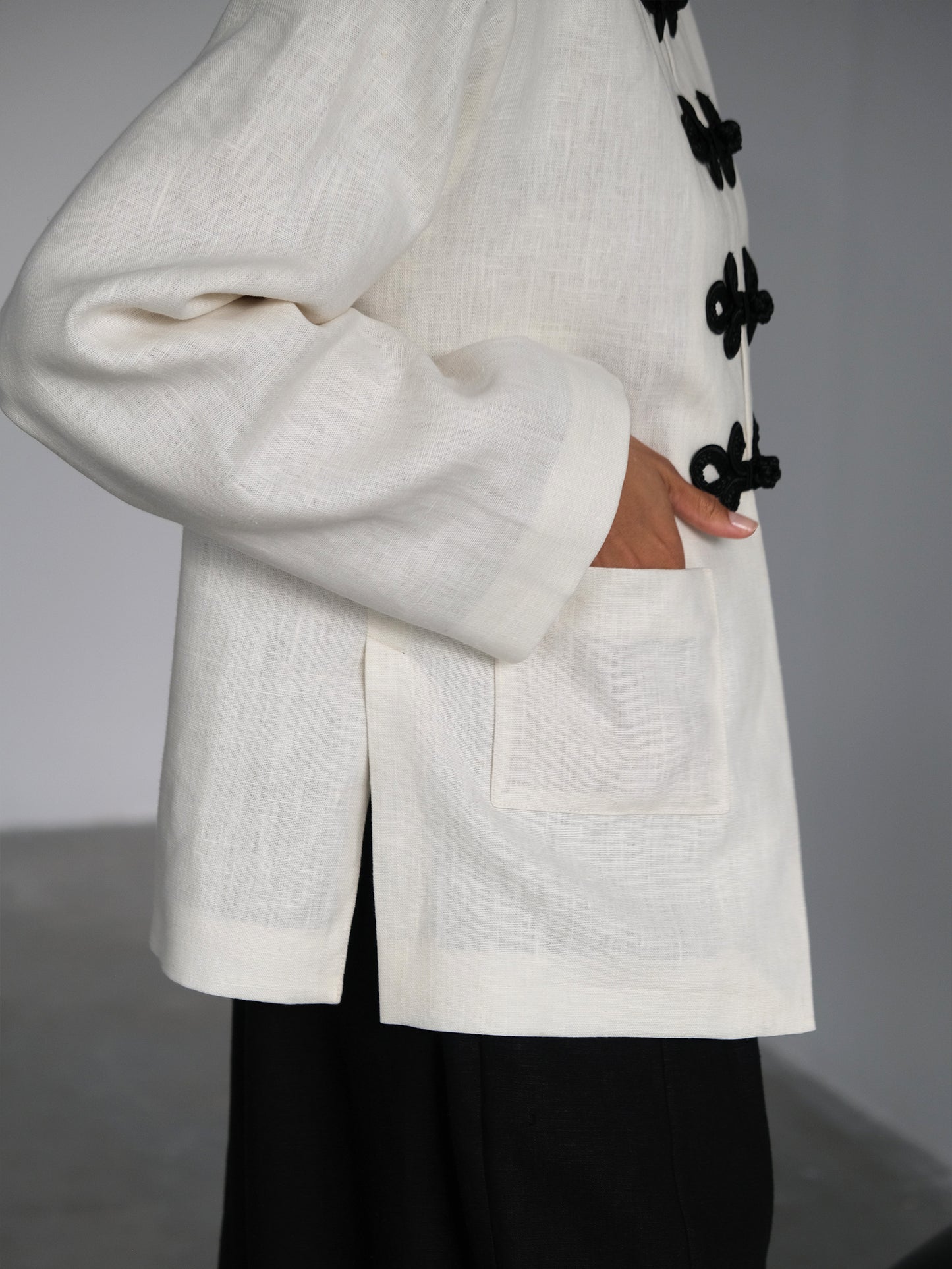 Linen Jacket with Frog Closures, Milk