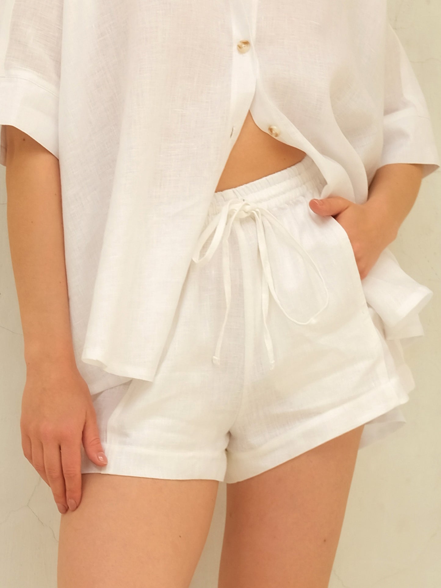 Linen Drawstring Shorts, White