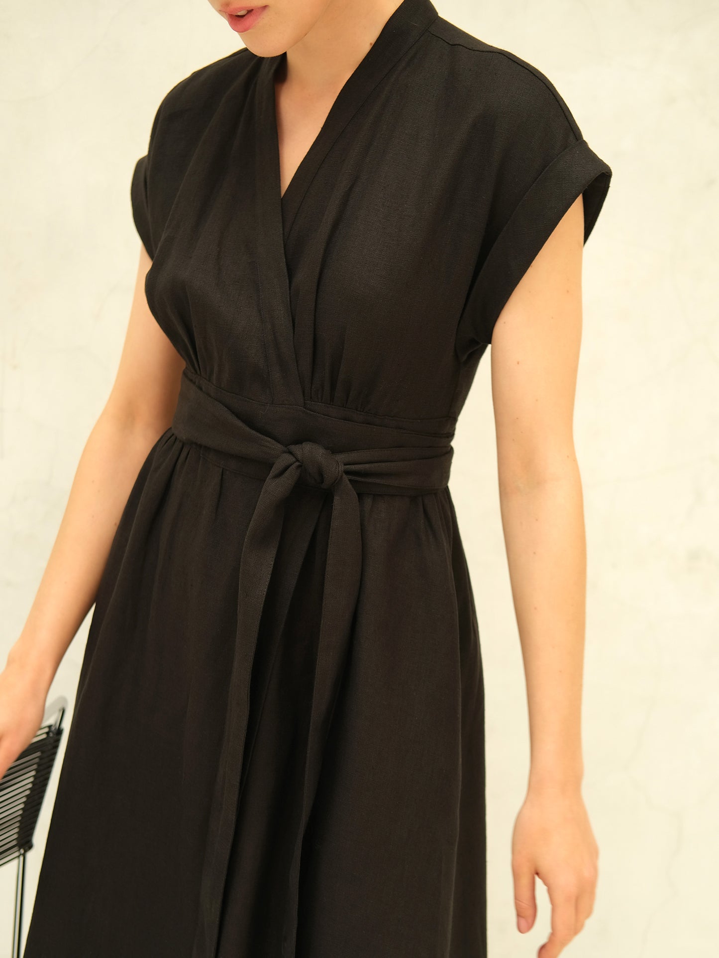 Linen Wrap Midi Dress, Black