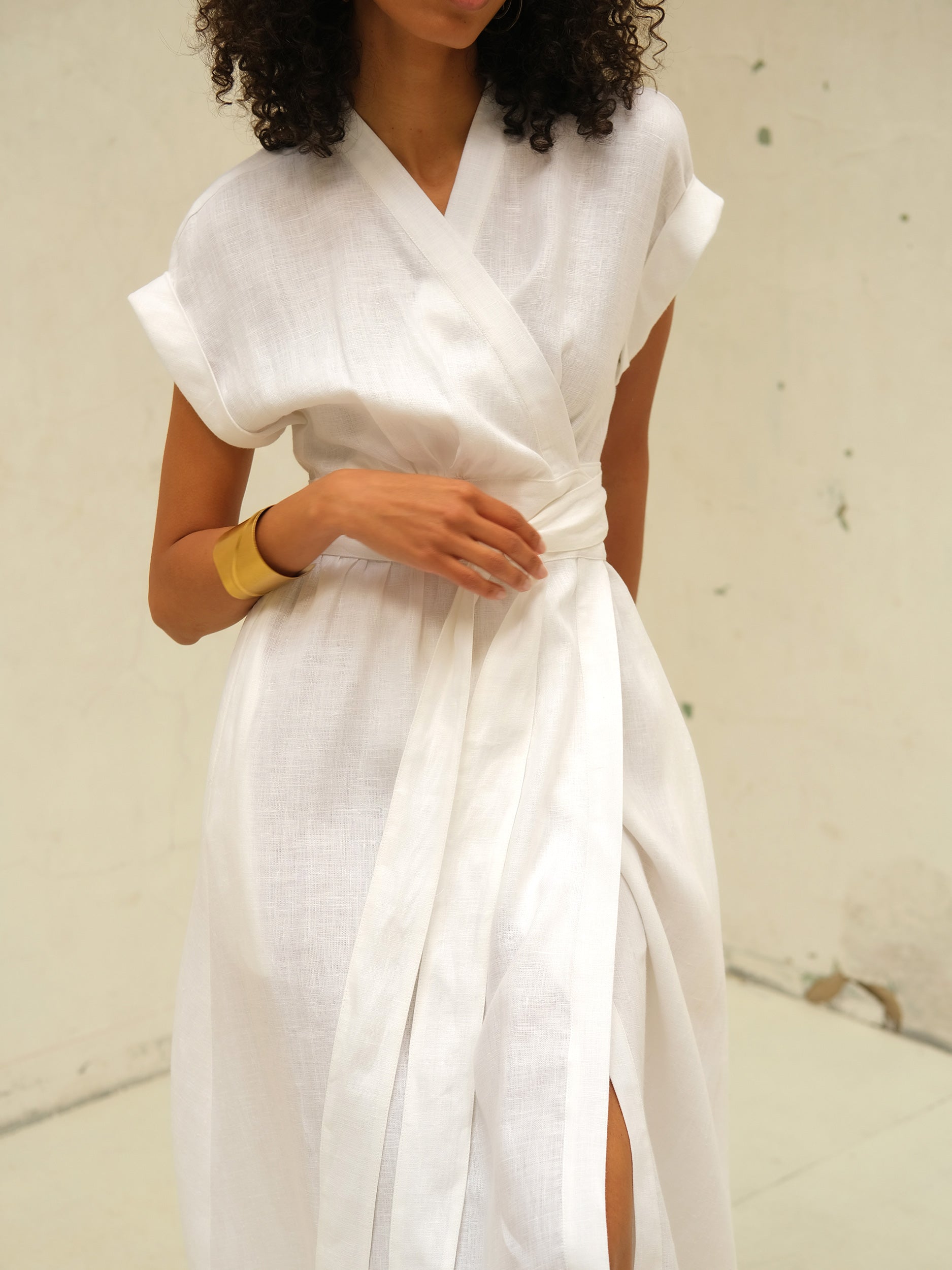 White Linen Wrap Midi Dress for Women Effortless Elegance | CHELIE M White Linen Wrap Midi Dress for Women Effortless Elegance | CHELIE M