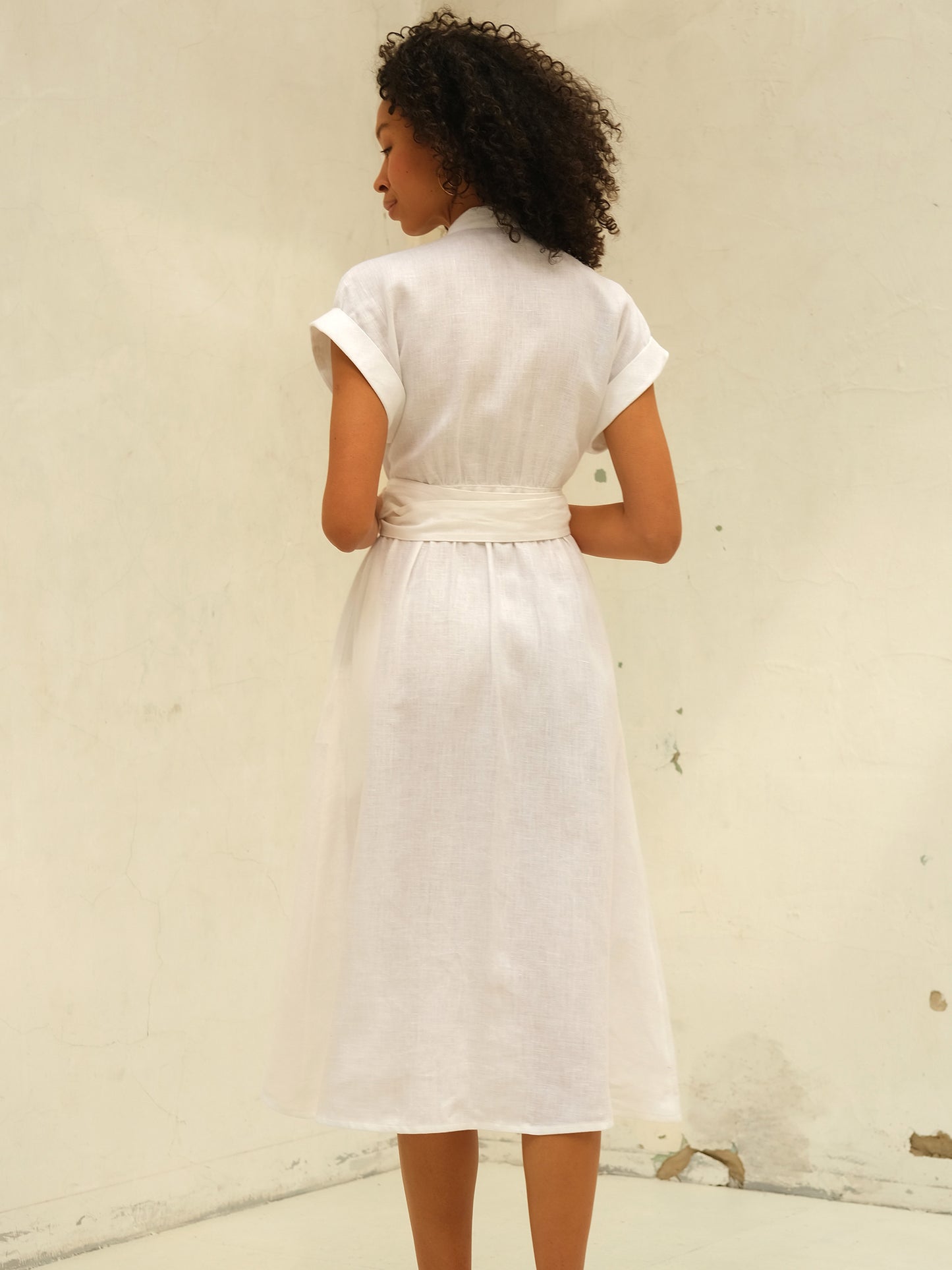 Linen Wrap Midi Dress, White