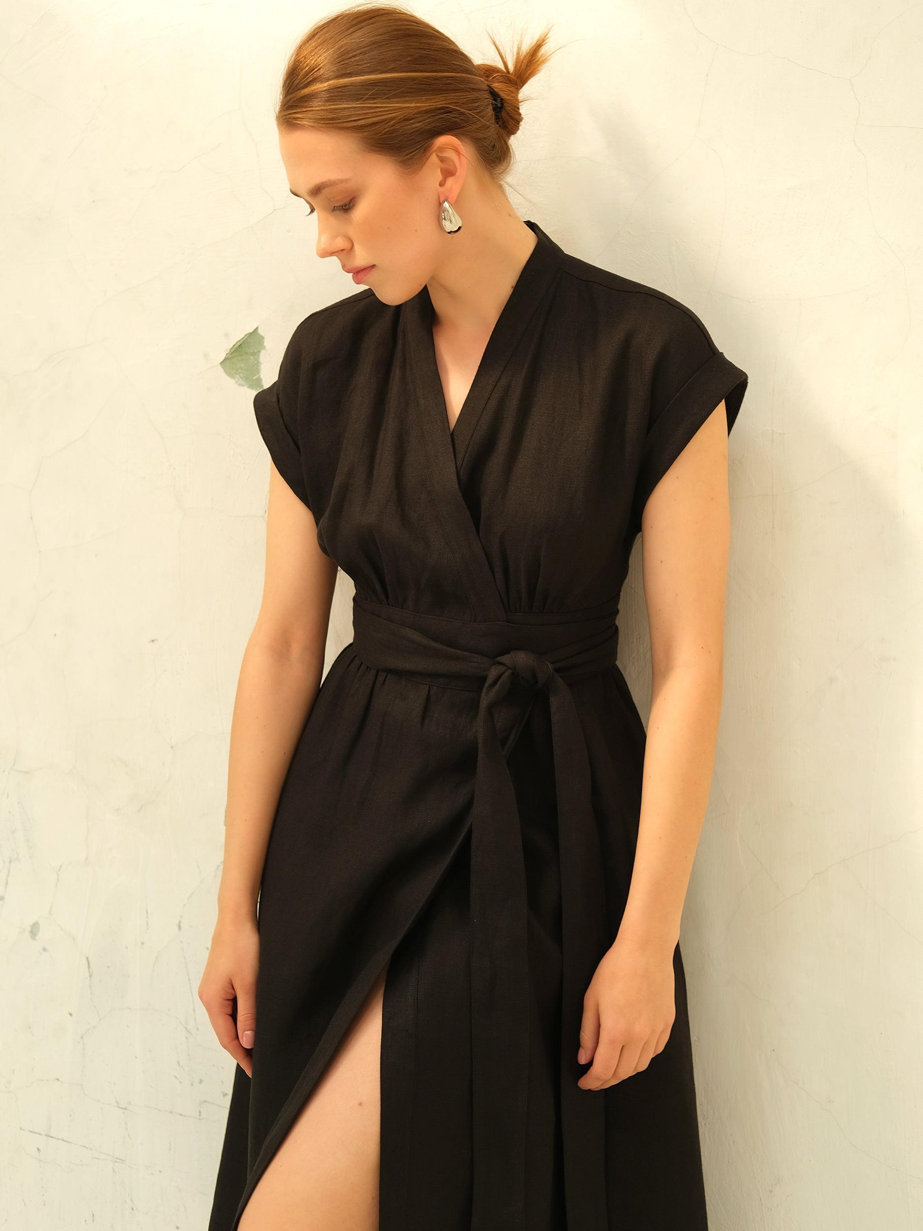 Black Linen Wrap Midi Dress for Women Modern Simplicity | CHELIE XS Black Linen Wrap Midi Dress for Women Modern Simplicity | CHELIE XS