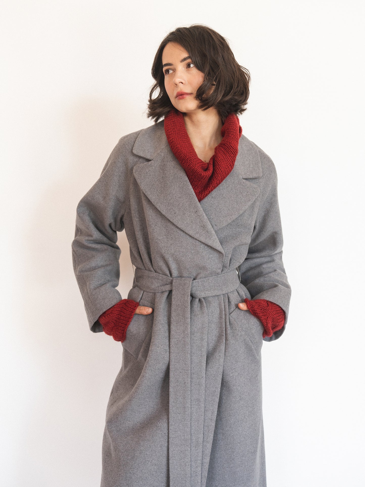 Gray Double-Breasted Long Coat with trim ribbon