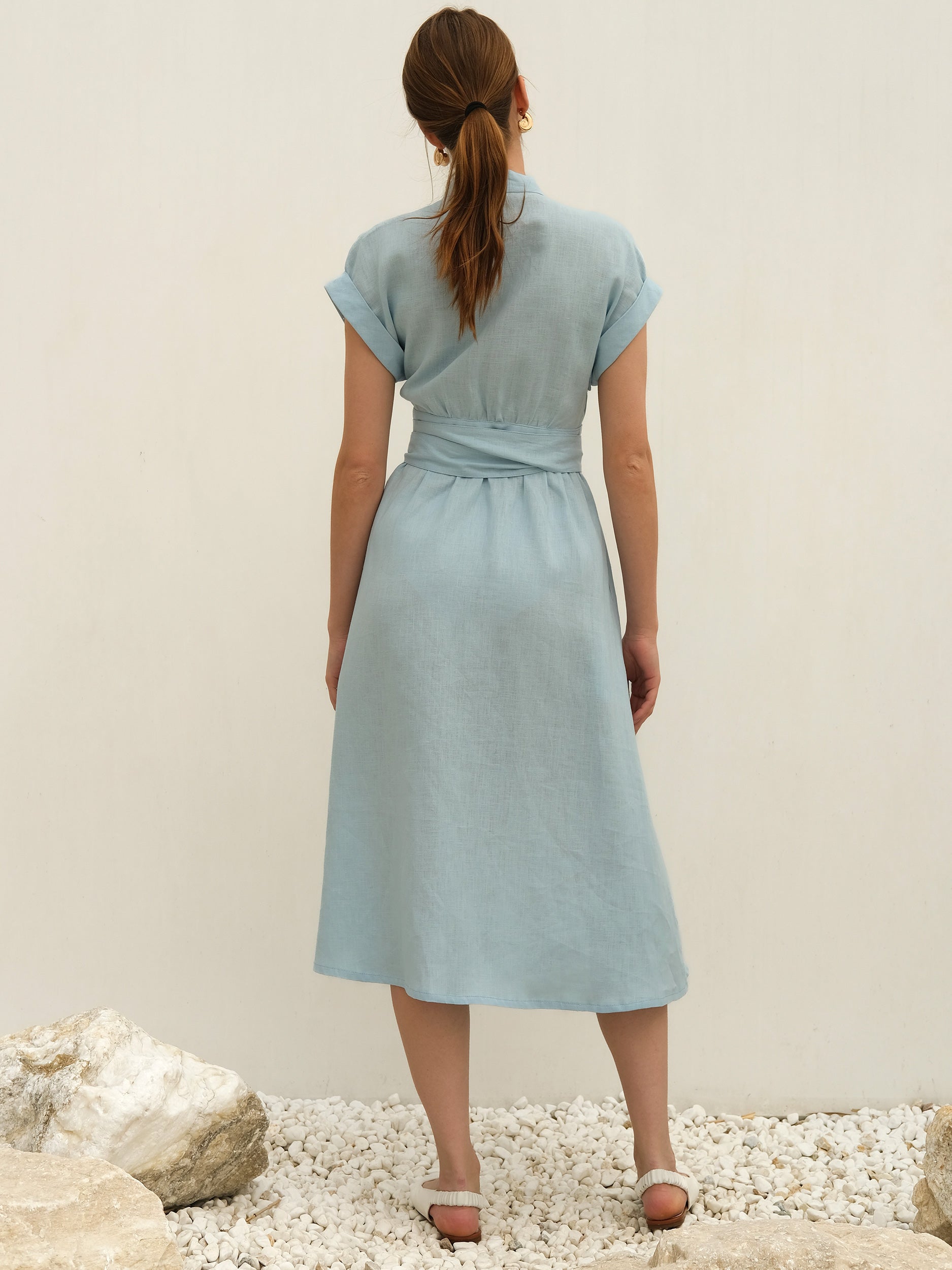 Light Blue Linen Wrap Midi Dress Soft, Natural Elegance | CHELIE M Light Blue Linen Wrap Midi Dress Soft, Natural Elegance | CHELIE M