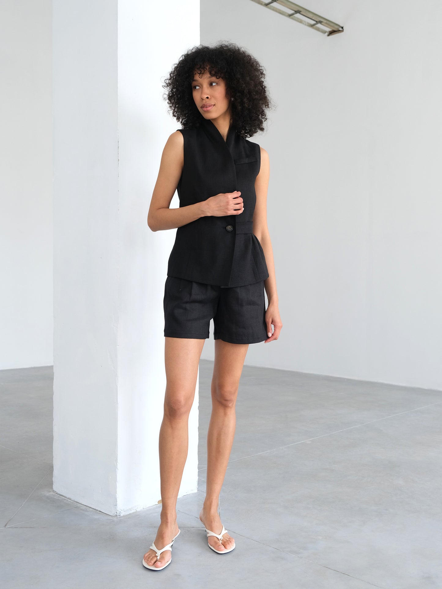 Linen Waistcoat with Shawl Collar, Black
