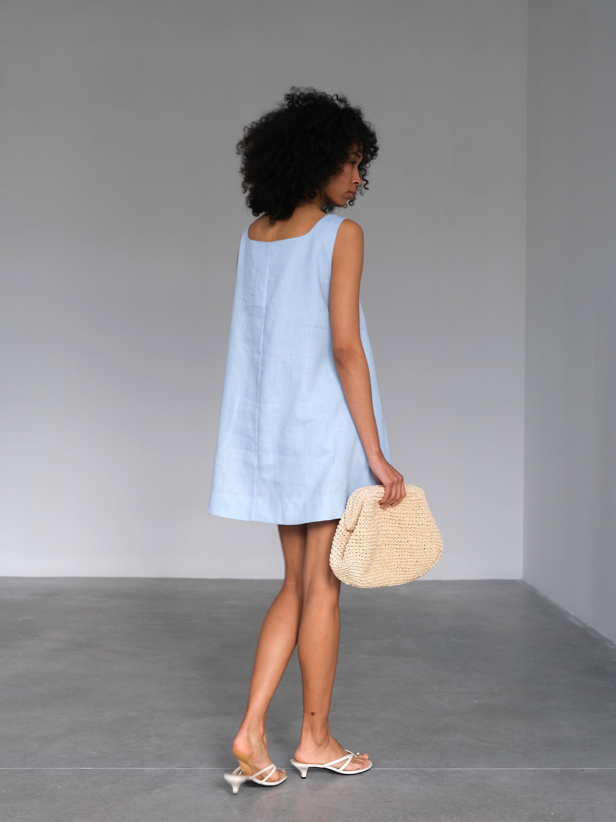 light blue linen mini dress Baby Blue Square Neck Mini Dress M / Sky Blue