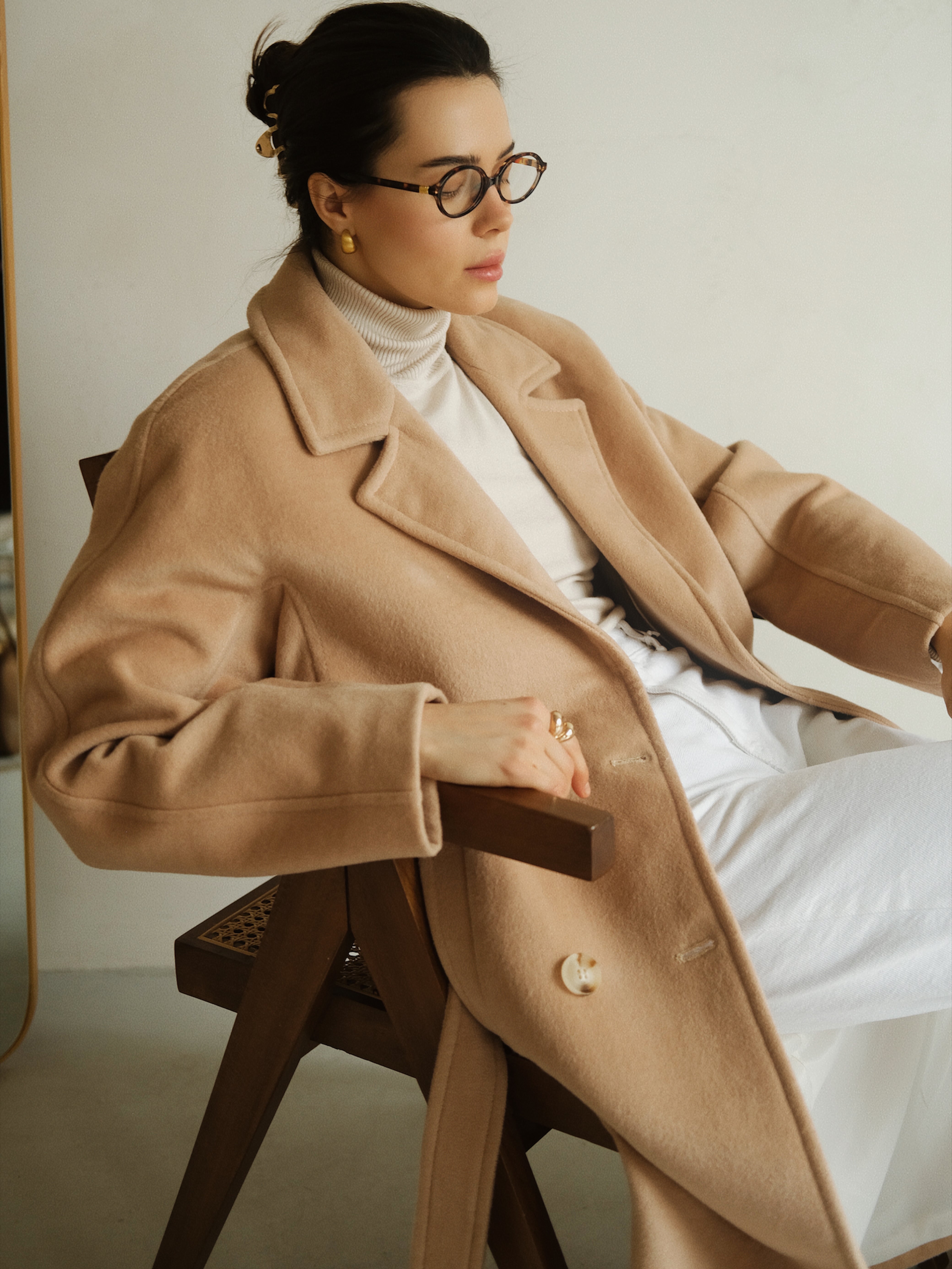 Womens Beige Wool Coat with Belt. Demi-season overcoat S / Demi-season Womens Beige Wool Coat with Belt. Demi-season overcoat S / Demi-season