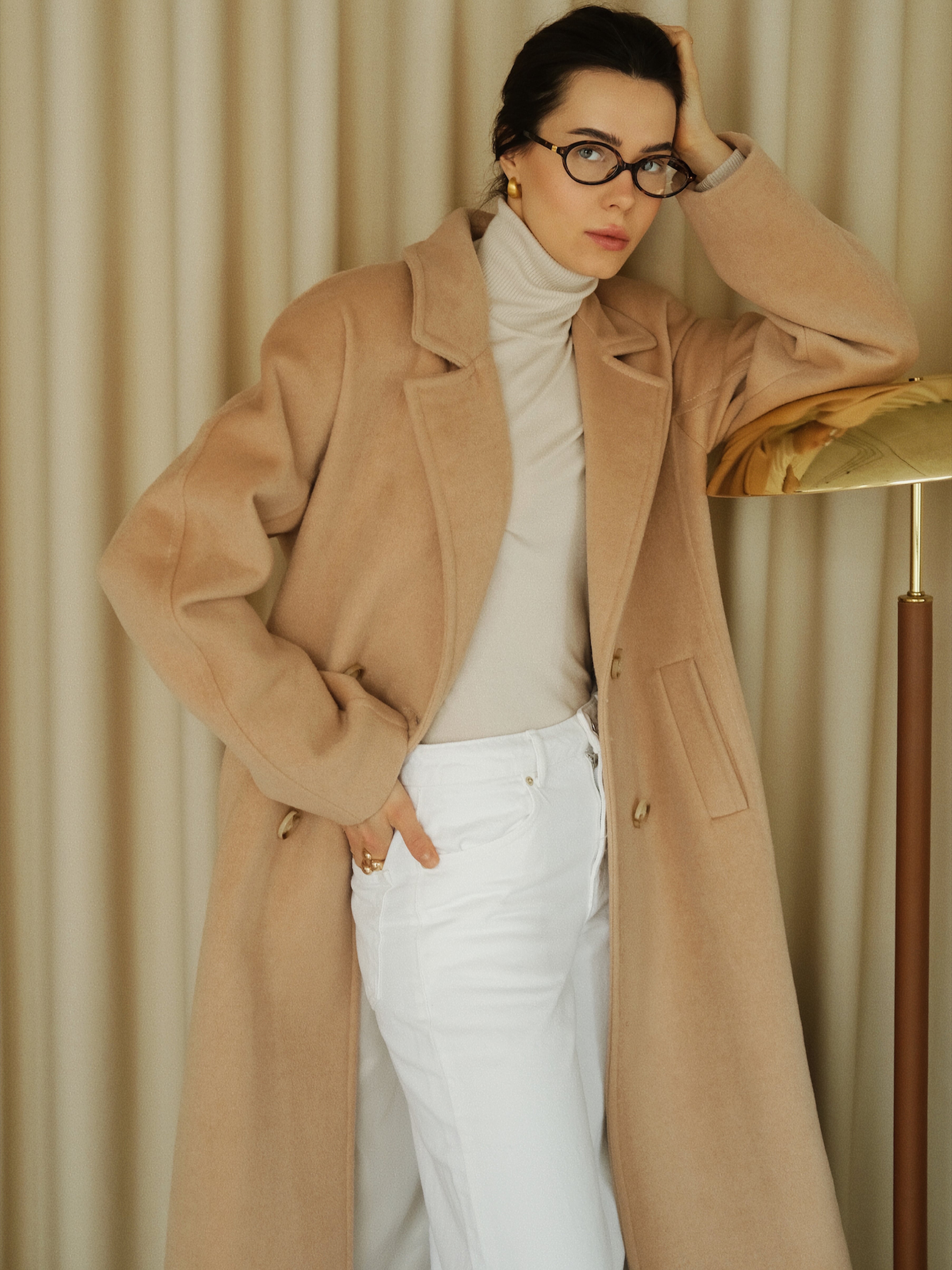 Womens Beige Wool Coat with Belt. Demi-season overcoat S / Demi-season Womens Beige Wool Coat with Belt. Demi-season overcoat S / Demi-season