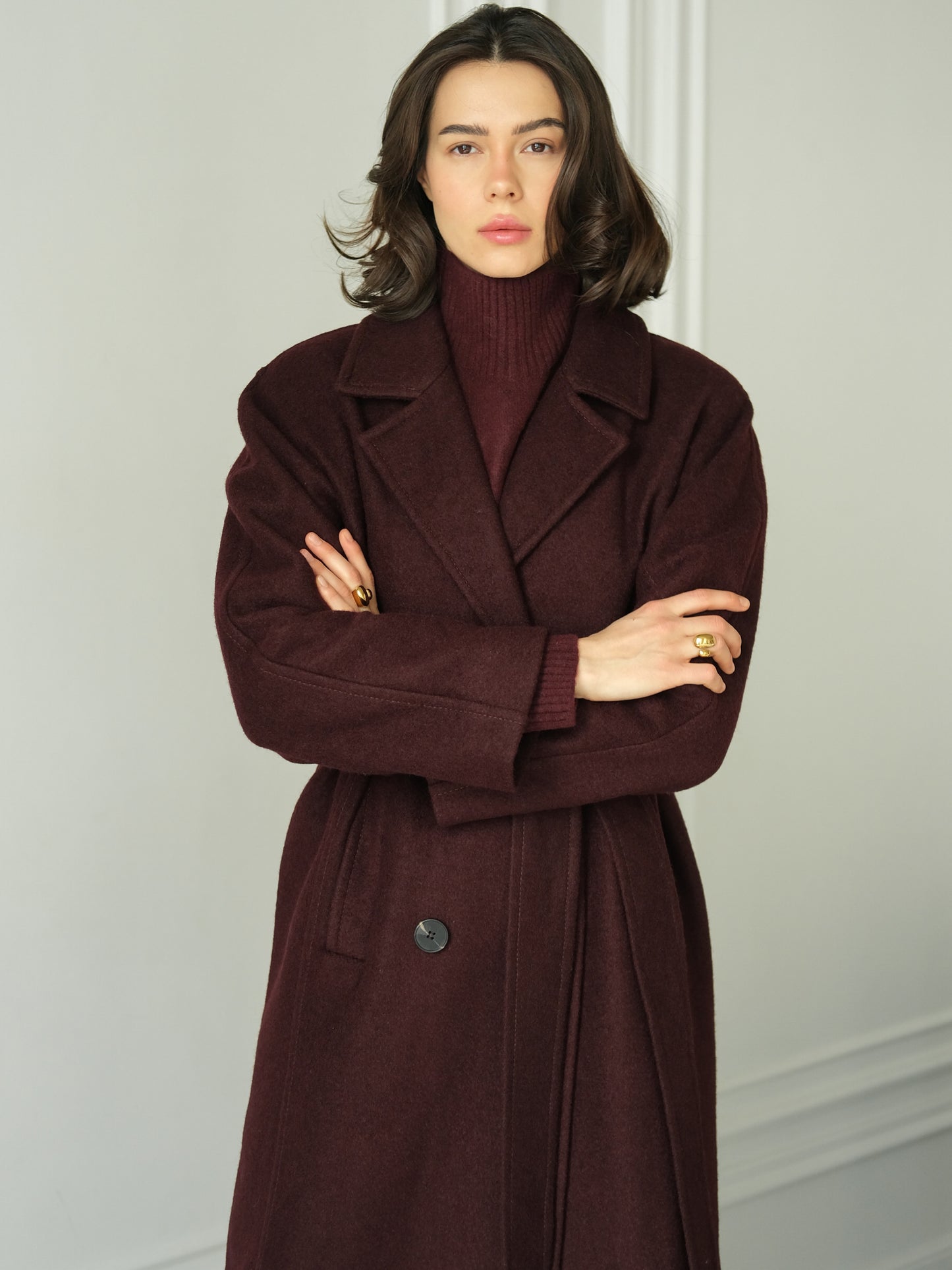 Burgundy Long Coat with Buttons