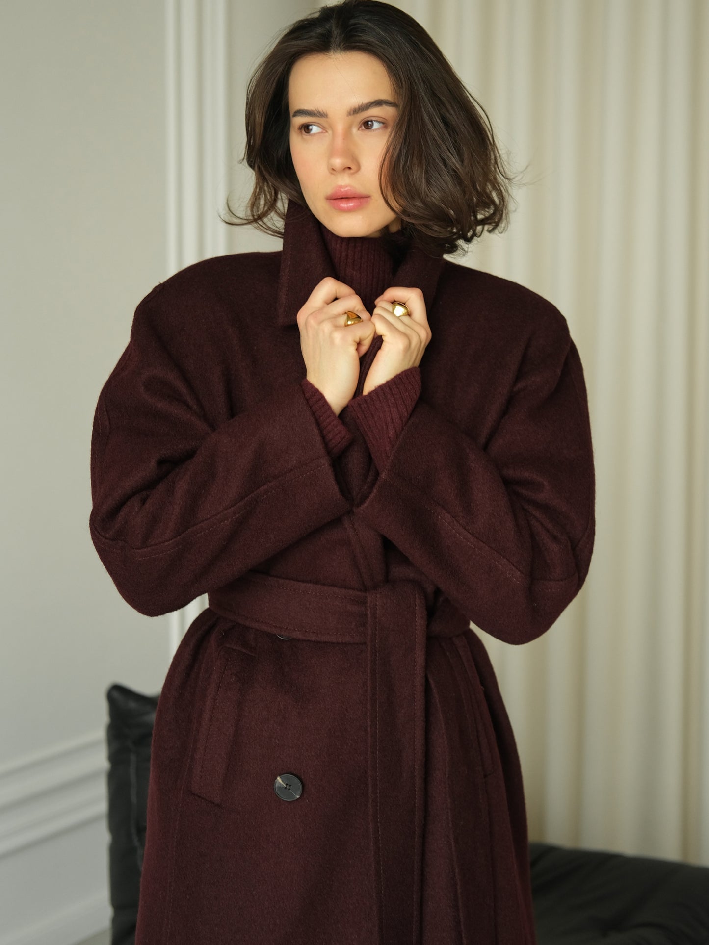 Burgundy Long Coat with Buttons