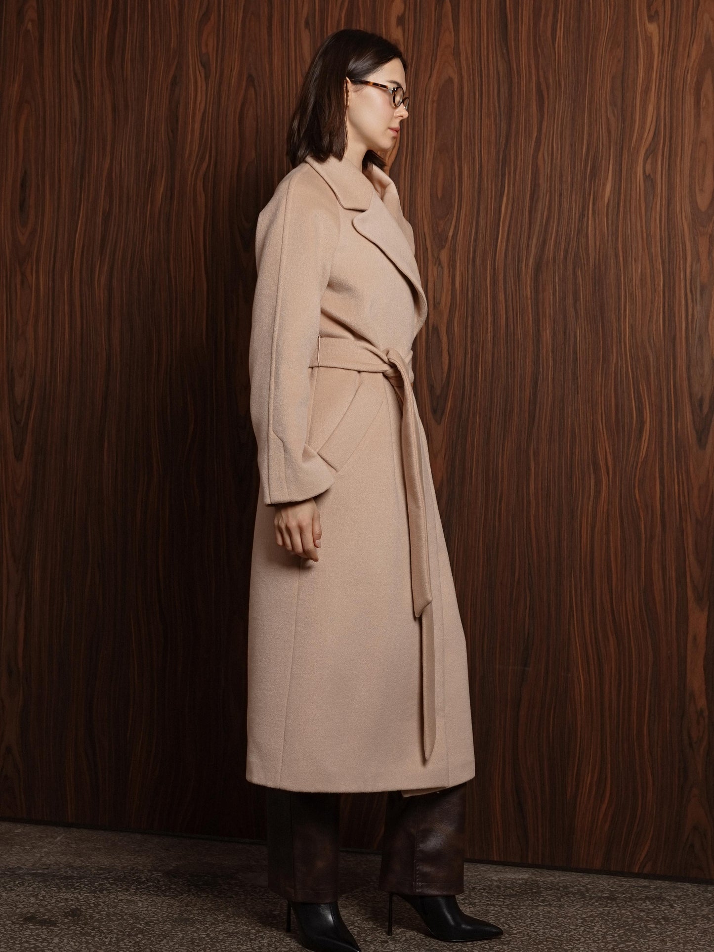 Beige Double-Breasted Long Coat with trim ribbon 3