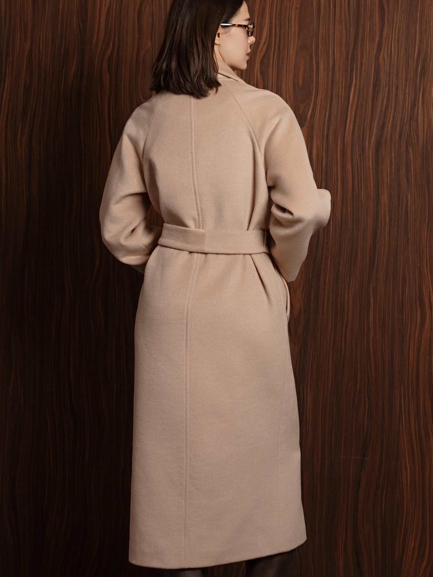 Beige Double-Breasted Long Coat with trim ribbon 4