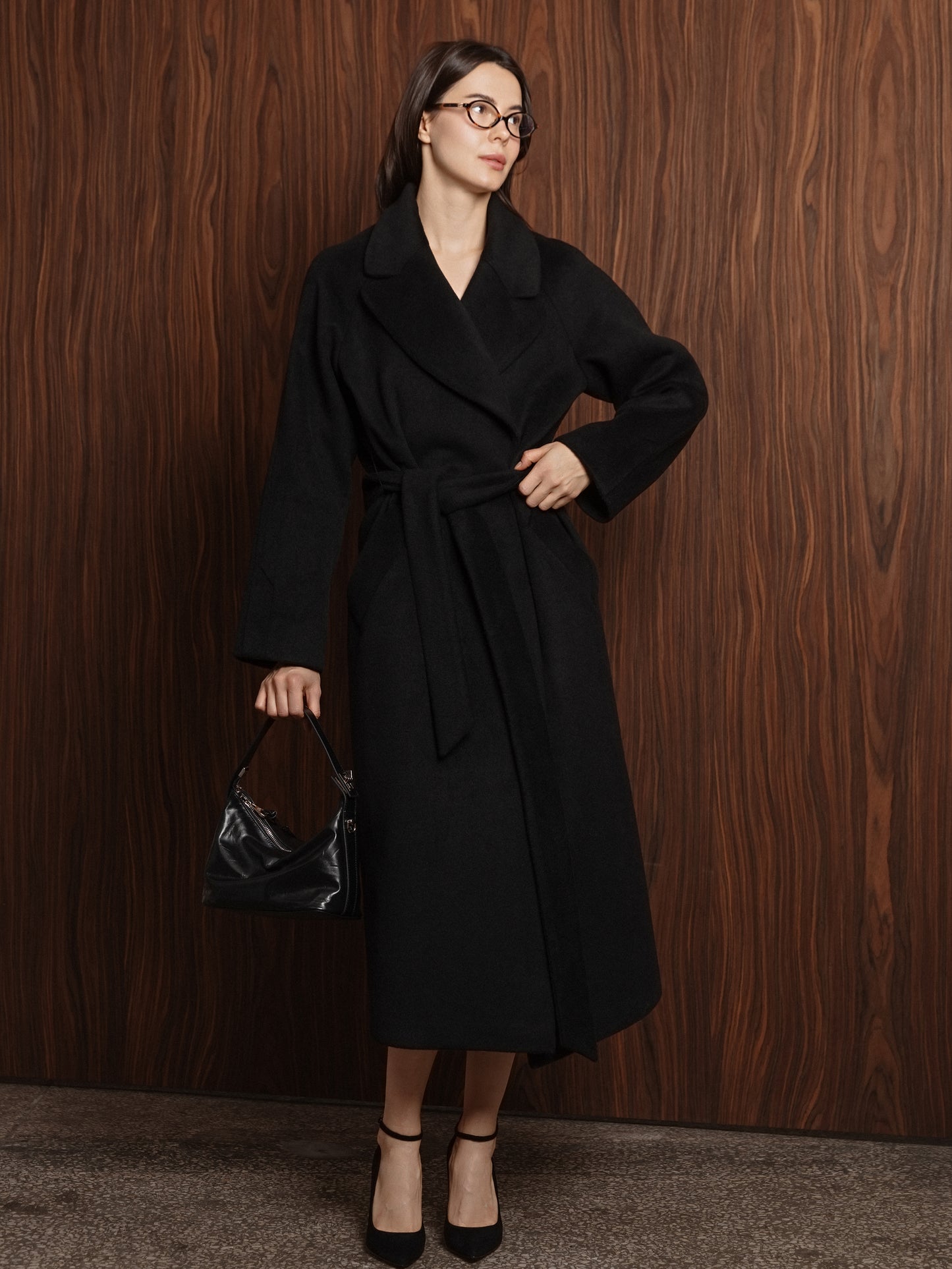 Black Wool Double-Breasted Coat with Belt