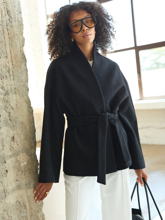 CHÉLIE black wool kimono coat with belt