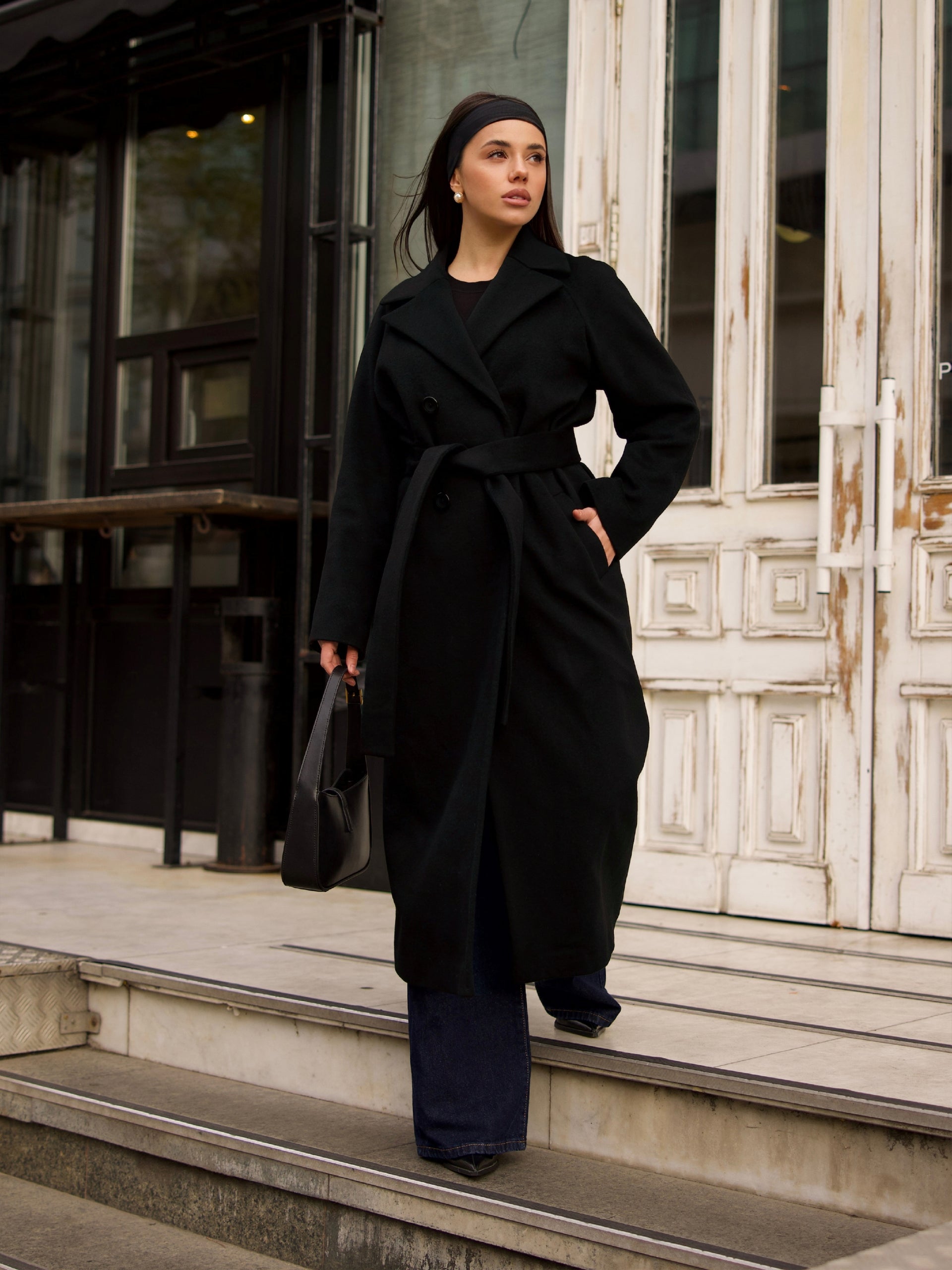 Classic Black Belted Maxi Coat by Chelie