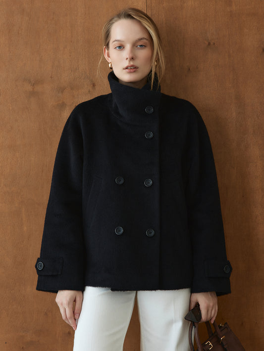 CHÉLIE short black wool coat with high collar