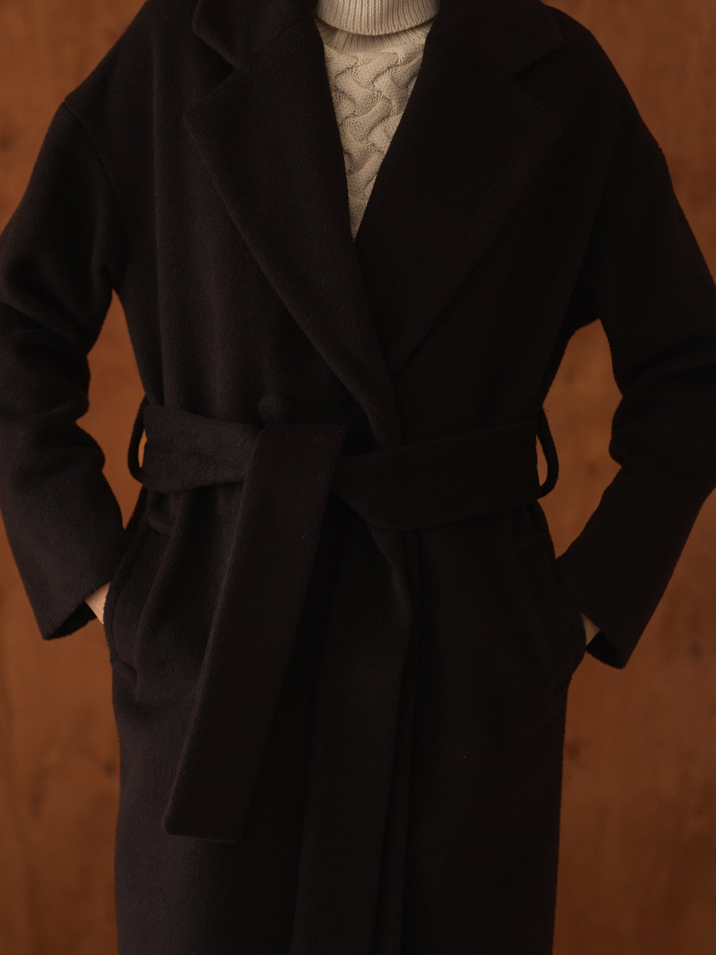 Dark Chocolate Long Wool Coat with Belt 6