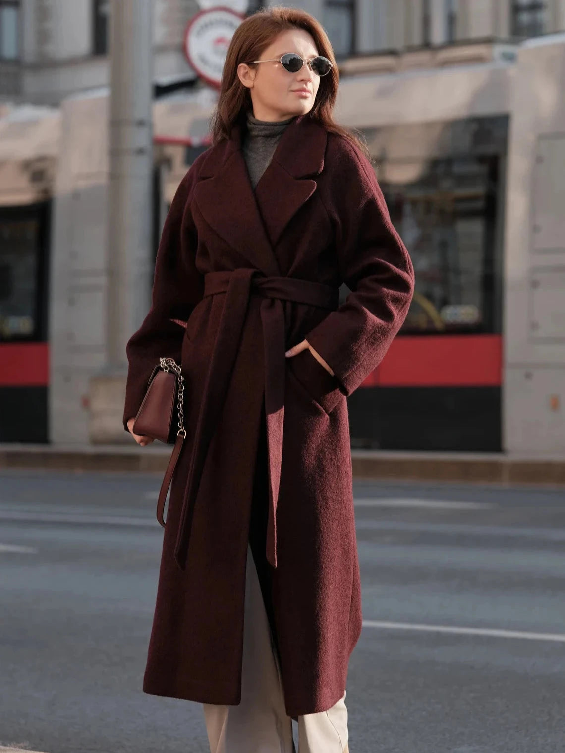 Double Breasted Burgundy Coat with ribbon 6