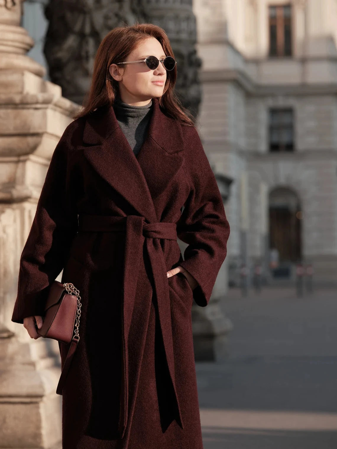 burgundy dress coat womens Burgundy Wool Maxi Coat with Belted Waist and Button Closure Burgundy / XS