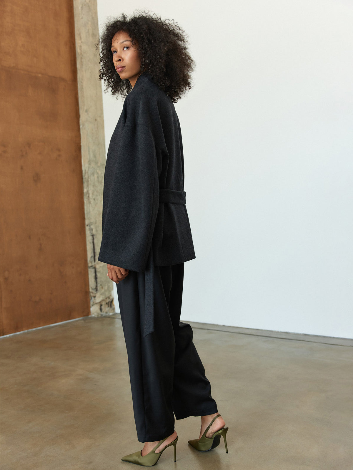 CHÉLIE grey wool kimono coat with belt