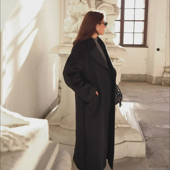 Black Wool Double-Breasted Coat with Belt 8