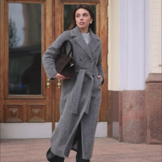 Long Gray Wool Coat with Belt 6