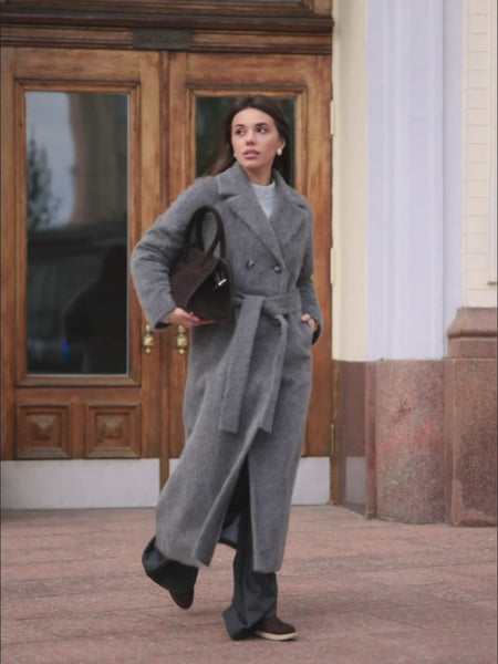 Long Gray Wool Coat with Belt 6