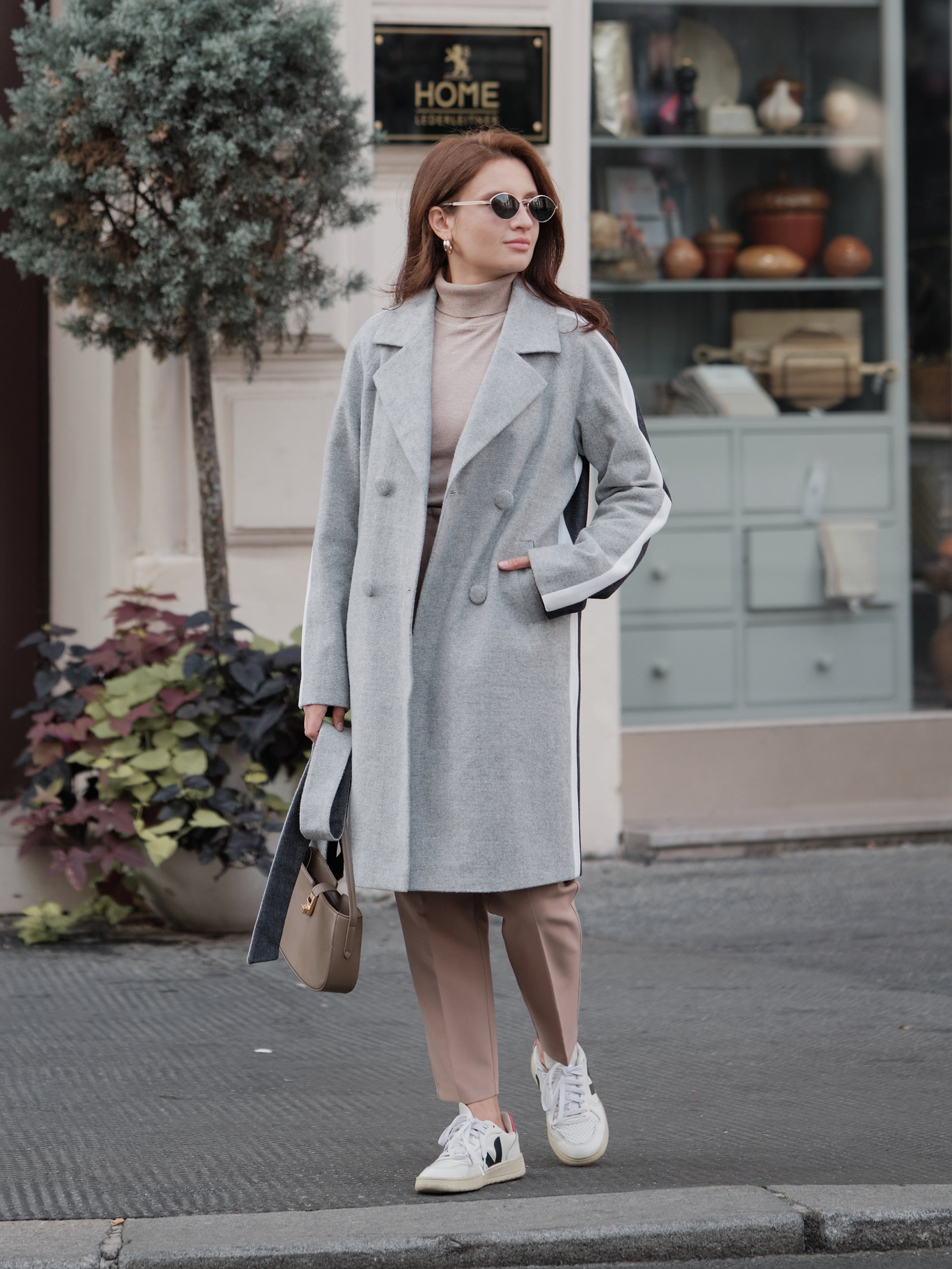 Grey Midi Wool Coat for Women with a White stripe by Chelie XS Grey Midi Wool Coat for Women with a White stripe by Chelie XS