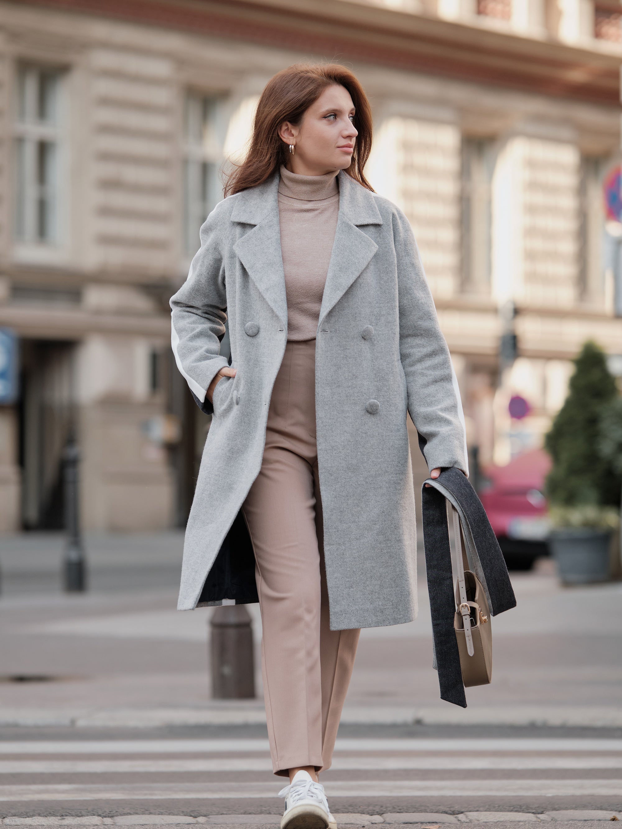 Grey Midi Wool Coat for Women with a White stripe by Chelie XS Grey Midi Wool Coat for Women with a White stripe by Chelie XS